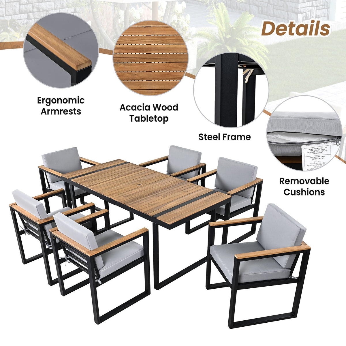 7 Pieces Dining Set Table And Chair Set With And Removable Cushions For Patio