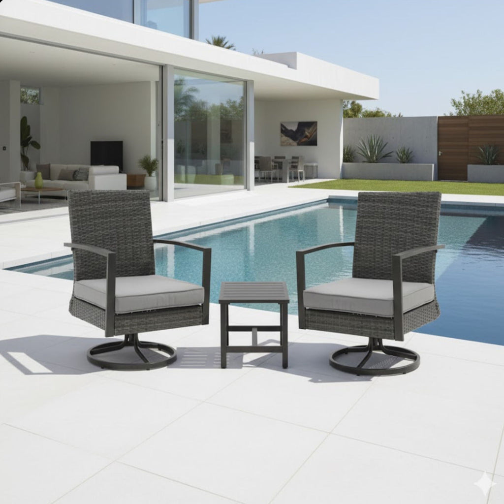 3 Piece Patio Furniture, Swivel Rocker Set With Side Table & Cushions