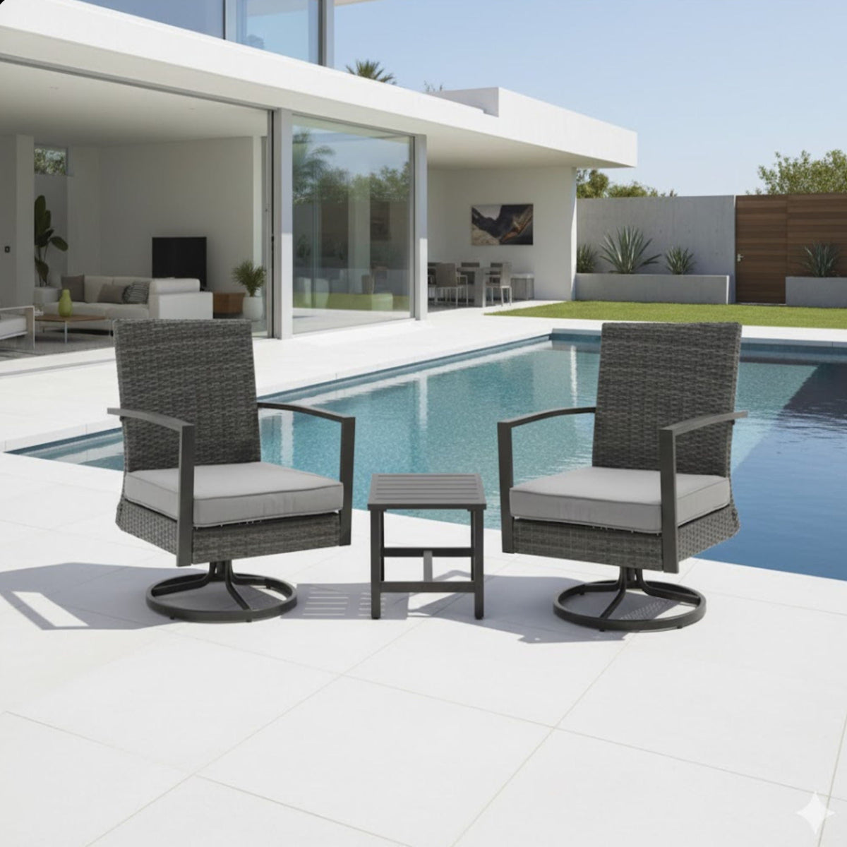 3 Piece Patio Furniture, Swivel Rocker Set With Side Table & Cushions
