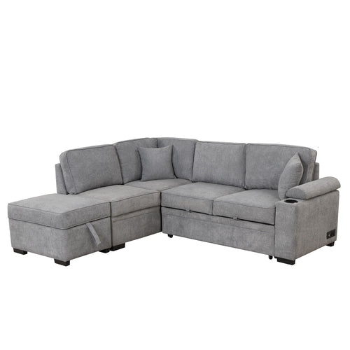 2 In 1 Pull Out Sofa Bed, L Shape Couch With Storage Ottoman