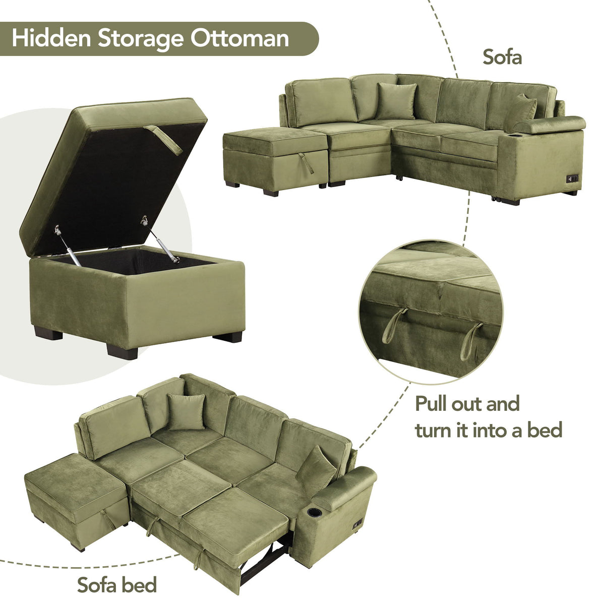 2 In 1 Pull Out Sofa Bed, L Shape Couch With Storage Ottoman