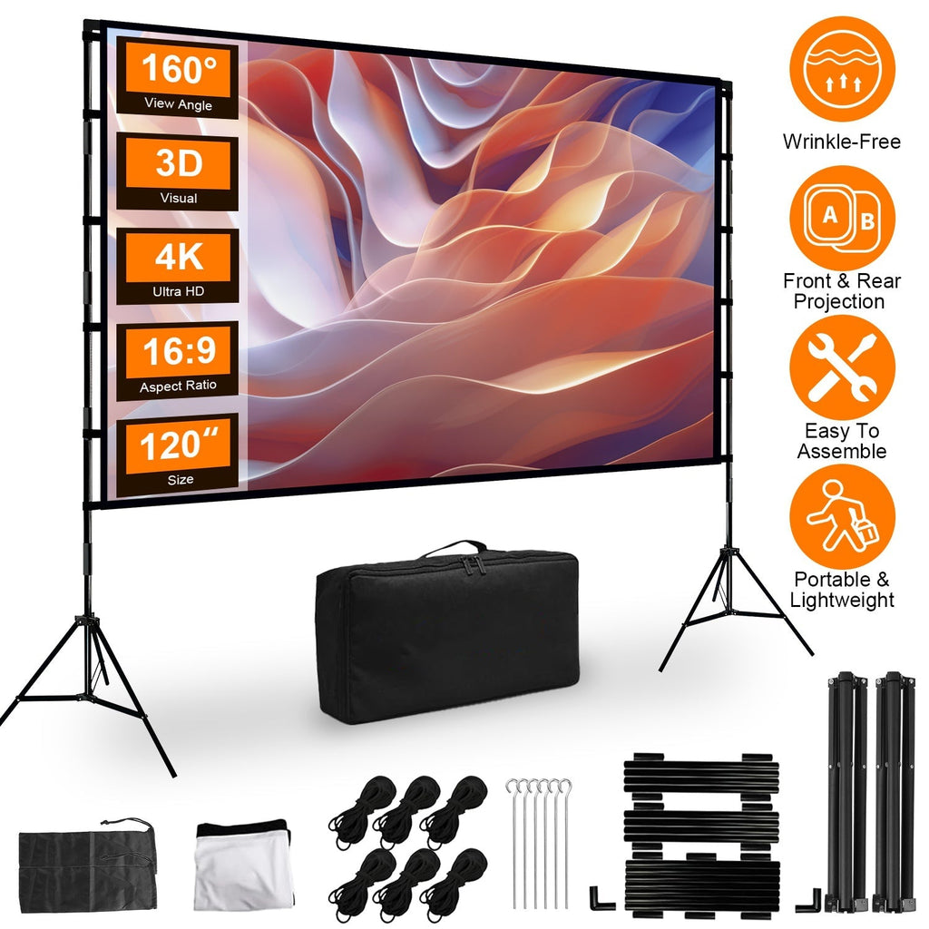 120inch Projector Screen with Stand 16:9 4K HD Rear Front Wrinkle-Free Movie Screen