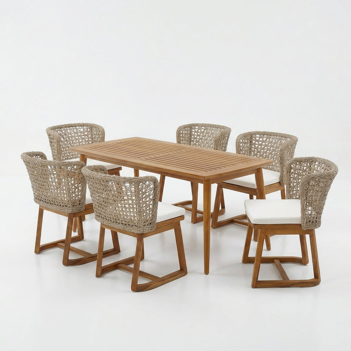7-Piece Outdoor Patio Dining Set with Handwoven Wicker - Beige, Light Brown, Teak