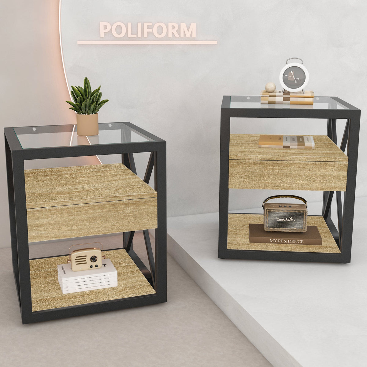 Set of 2 Modern End Table with Drawer