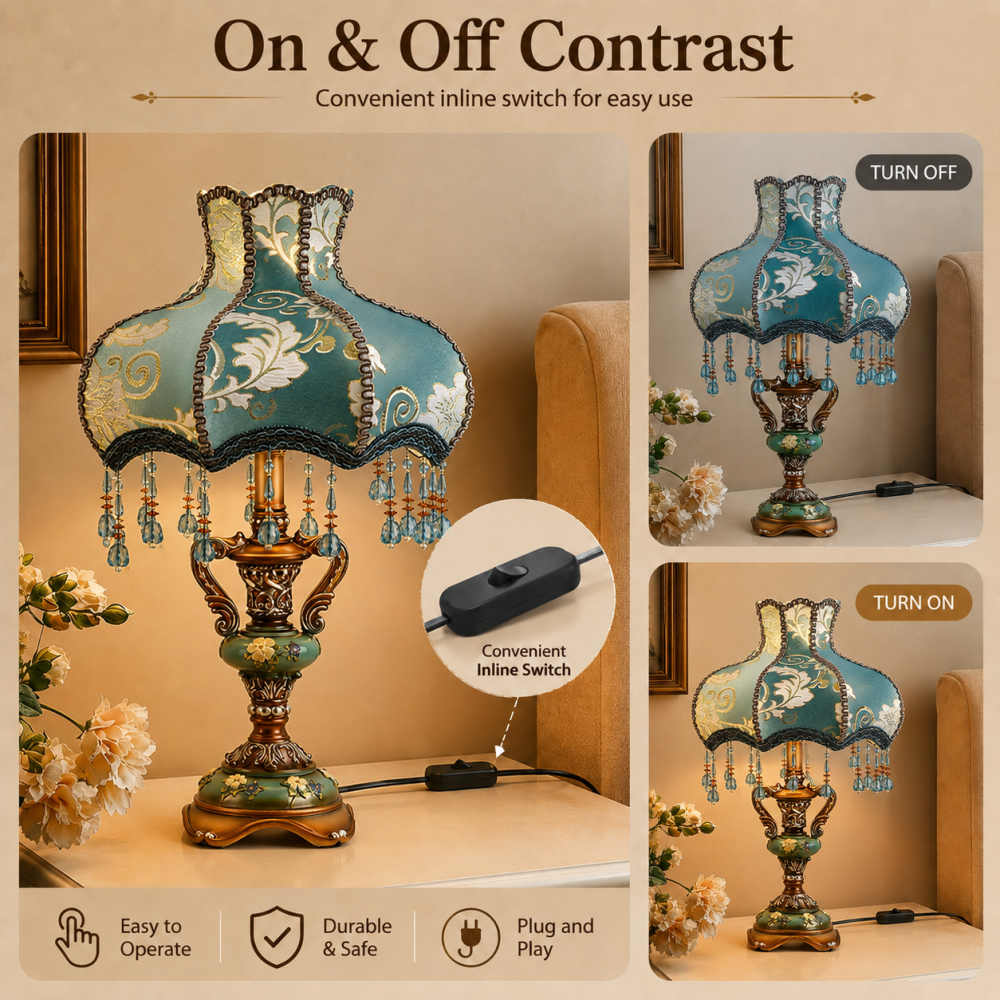 Victorian Floral Table Lamp – Lace Lampshade & Beaded Fringe, Antique Bedside Night Light