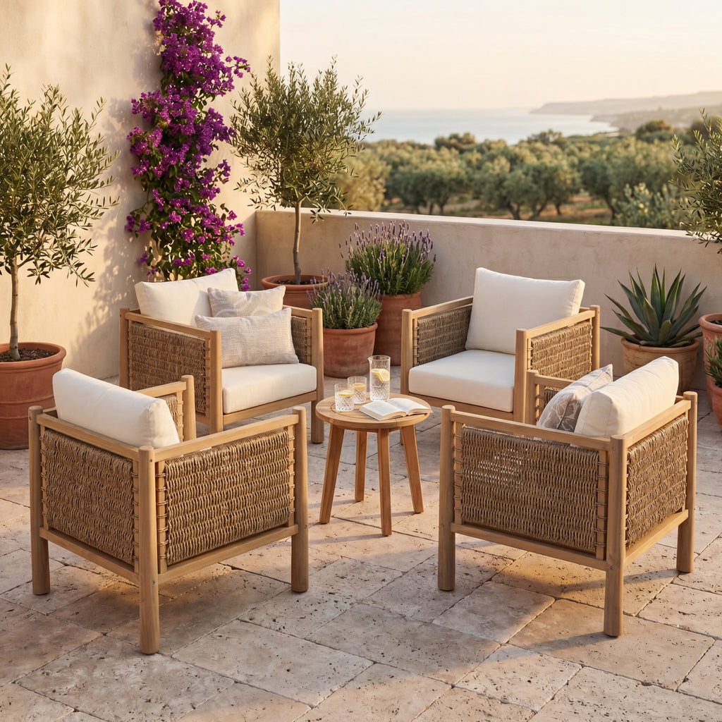 Set of 4 Outdoor Acacia Wood Patio Chairs with Handwoven Rattan - Light Brown