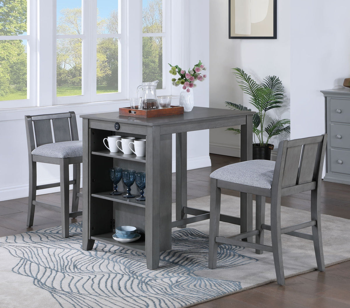 3 Piece Counter Height Dining Table With Shelves And 2 Chairs