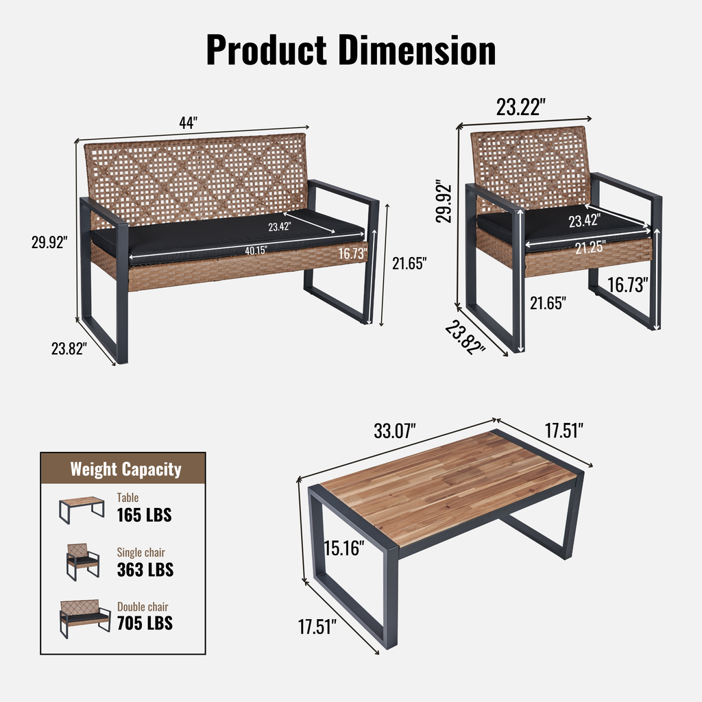 4-Piece Patio Furniture Set with Acacia Wood and Wicker - Brown or Light Brown