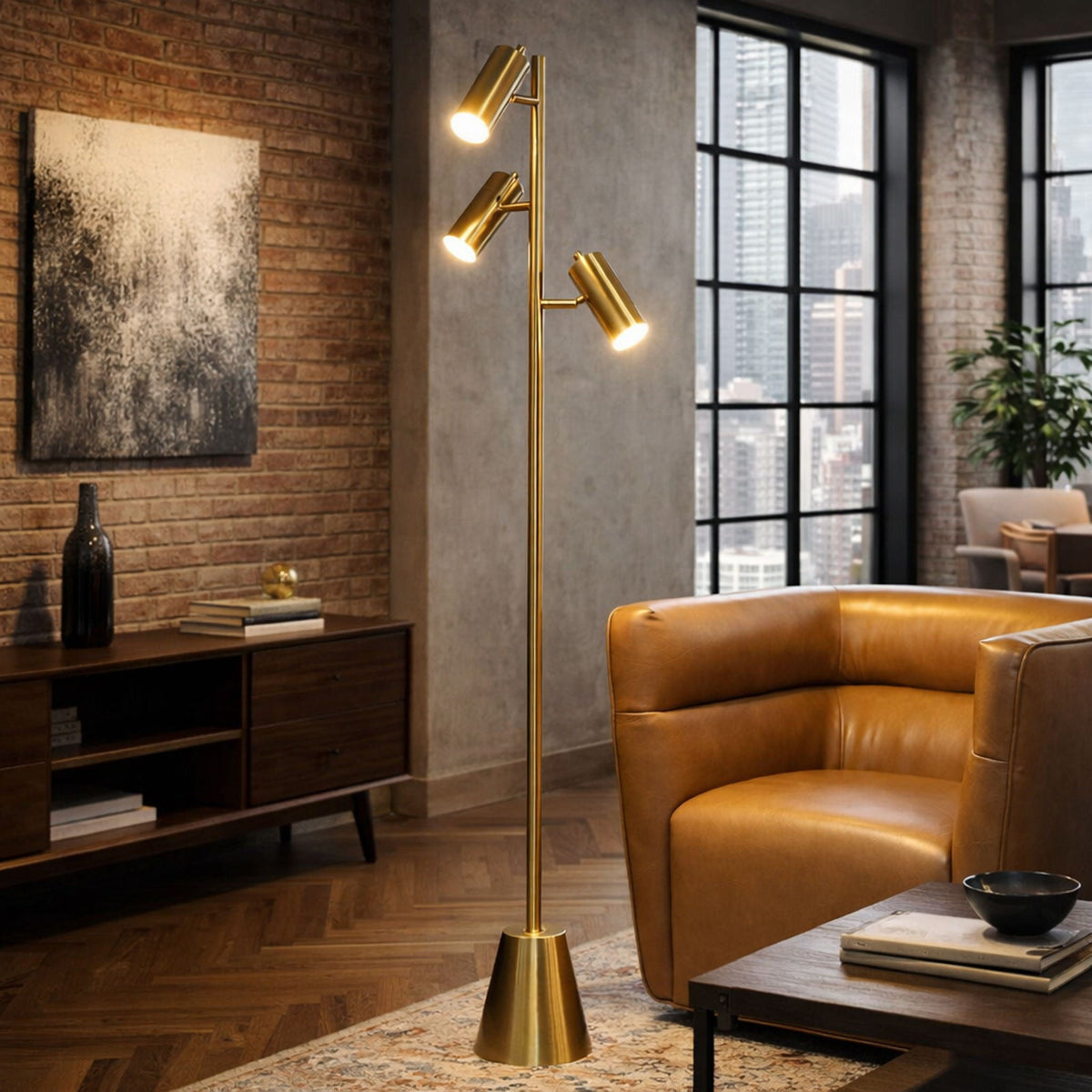 Floor Lamp With Rotary Switch Triple Spots Cone Base - Gold