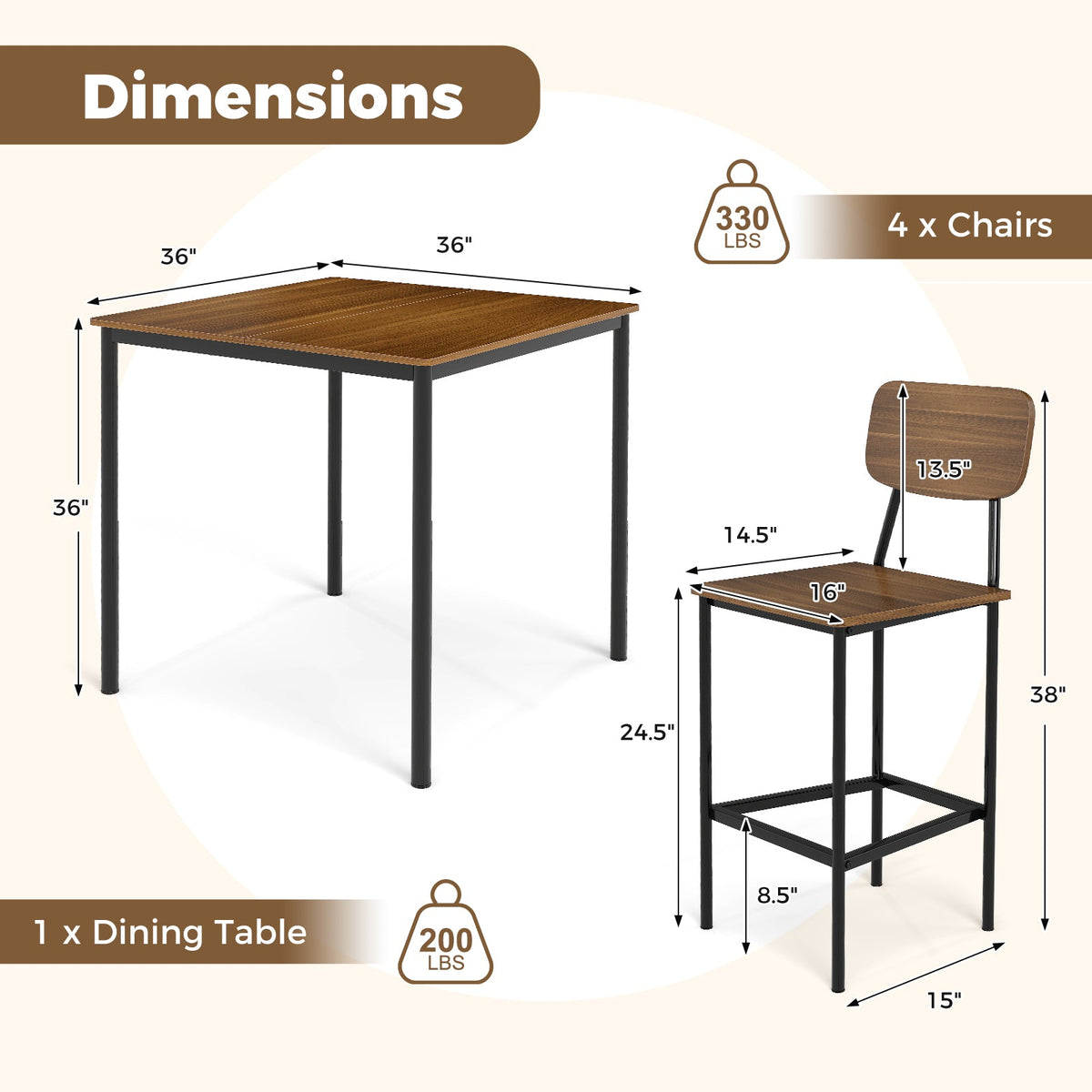5 Pieces Dining Table Set with Counter Height Table and 4 Bar Stools