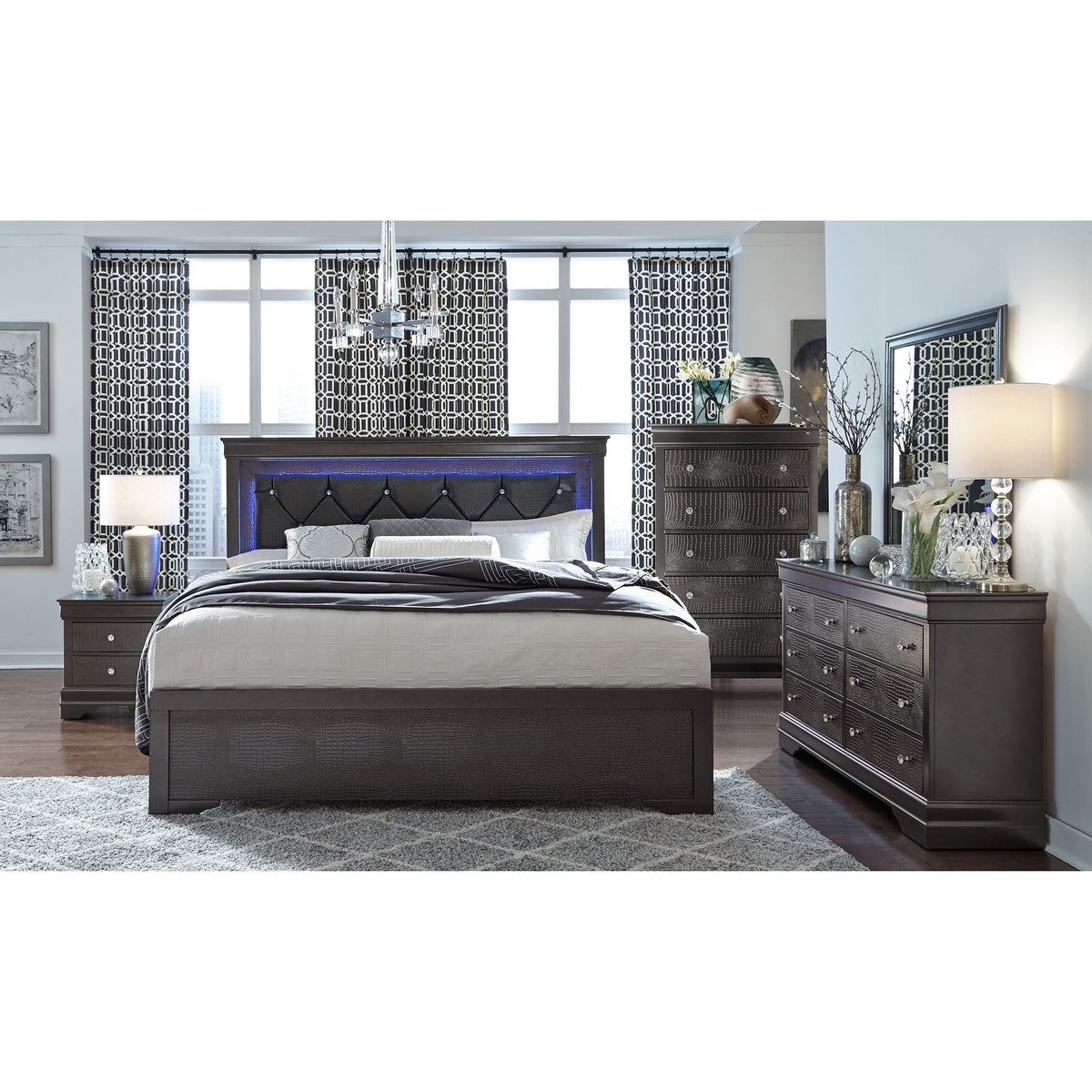 5 Pieces Bedroom Set With Crystal Tufted Headboard with LED Lighting