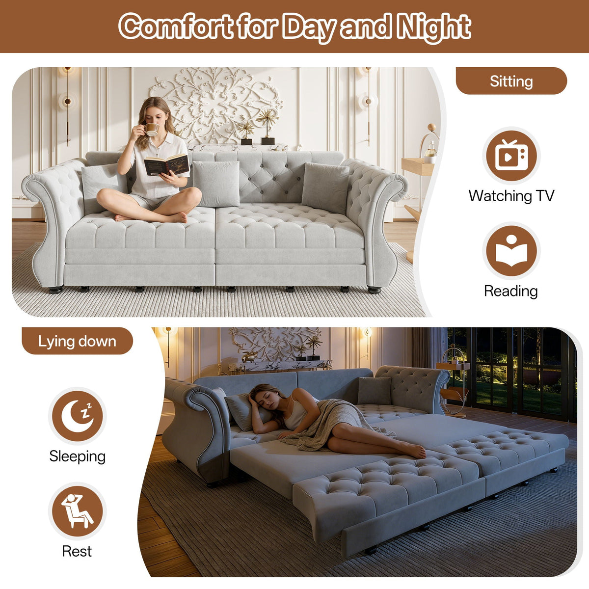 Oversized Chesterfield Pull Out Sofa Bed with Flower Tufting
