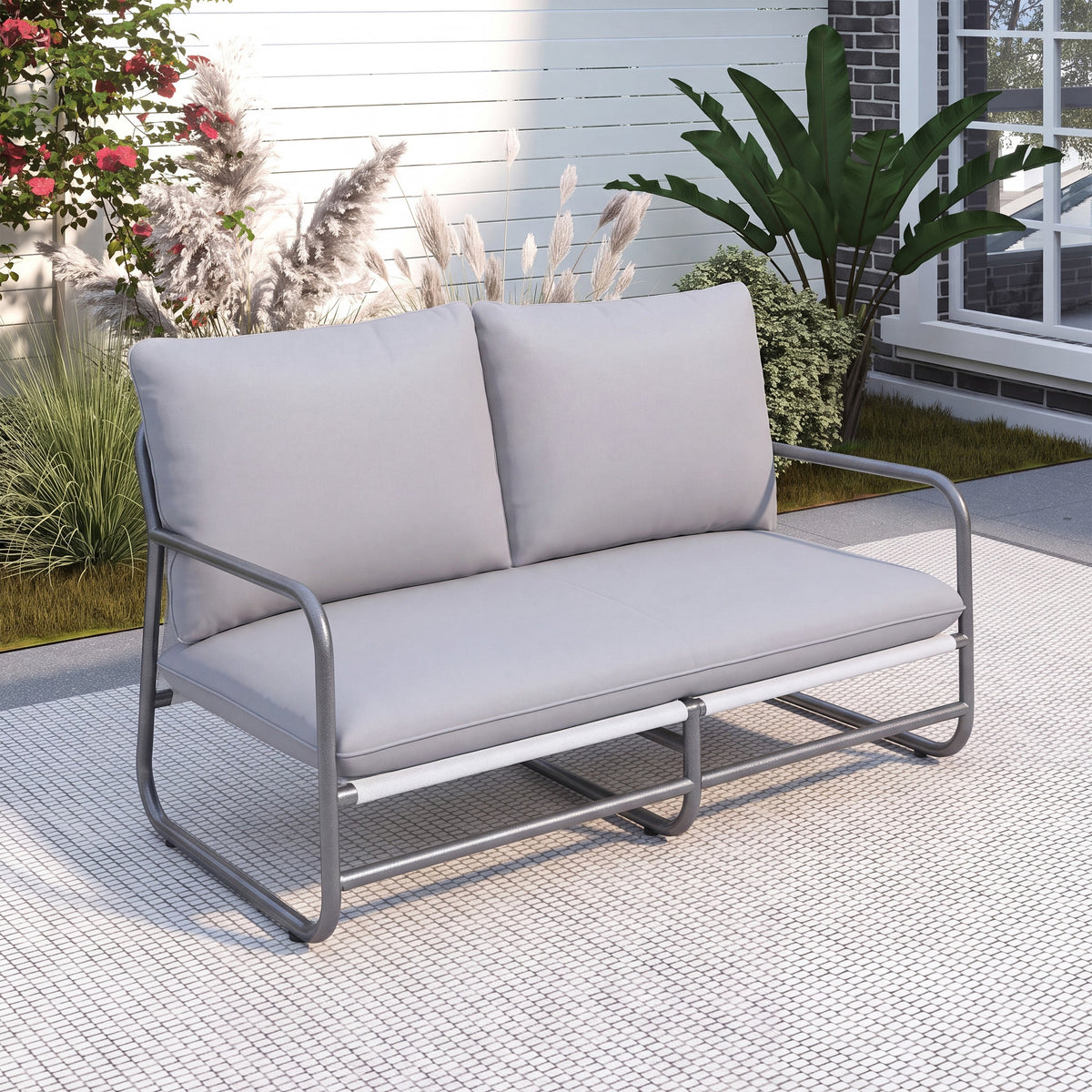 Outdoor Patio 2-Seater Aluminum Frame Loveseat with Water-Resistant Cushions - Light Gray