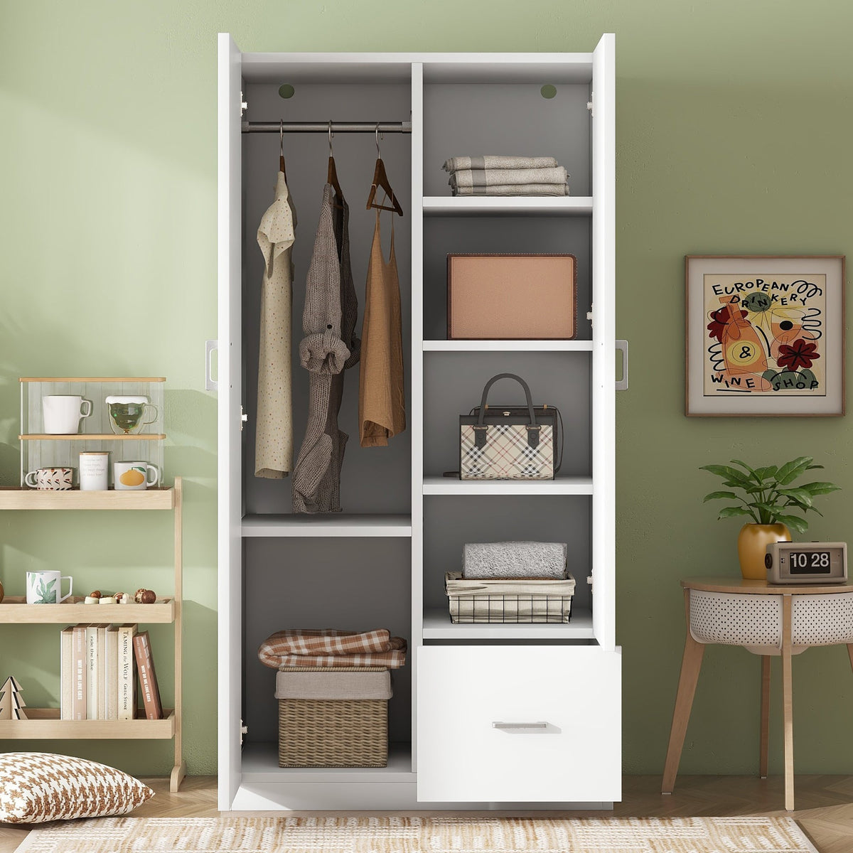 Wooden Wardrobe with Double Doors, Armoire with Hanging Rod, 5 Fixed Shelves