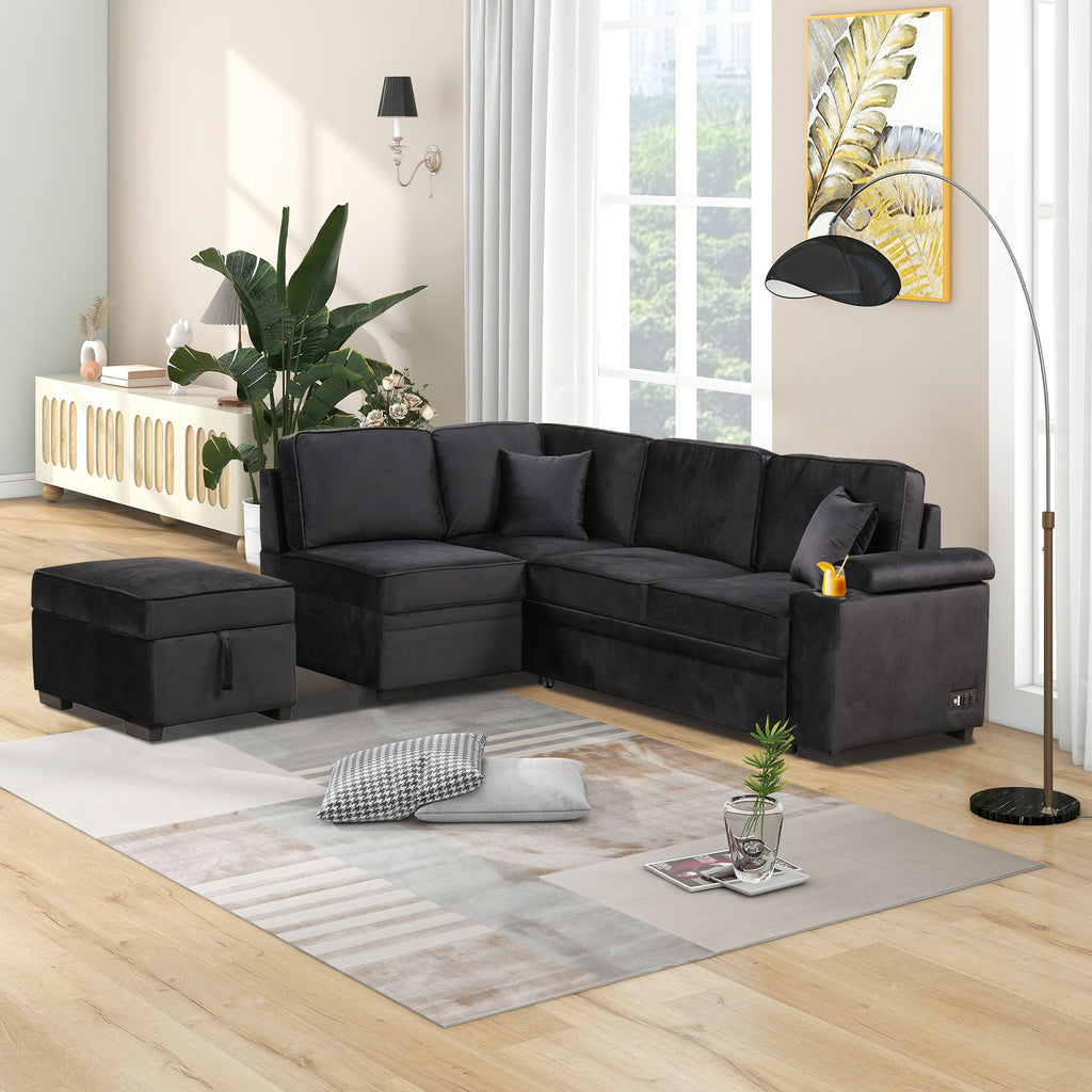 2 In 1 Pull Out Sofa Bed, L Shape Couch With Storage Ottoman