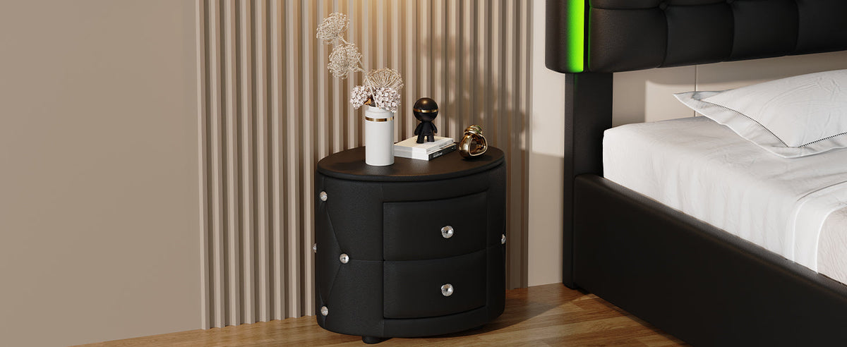 Elegant PU Nightstand with 2 Drawers and Crystal Handle, Easy Assembled