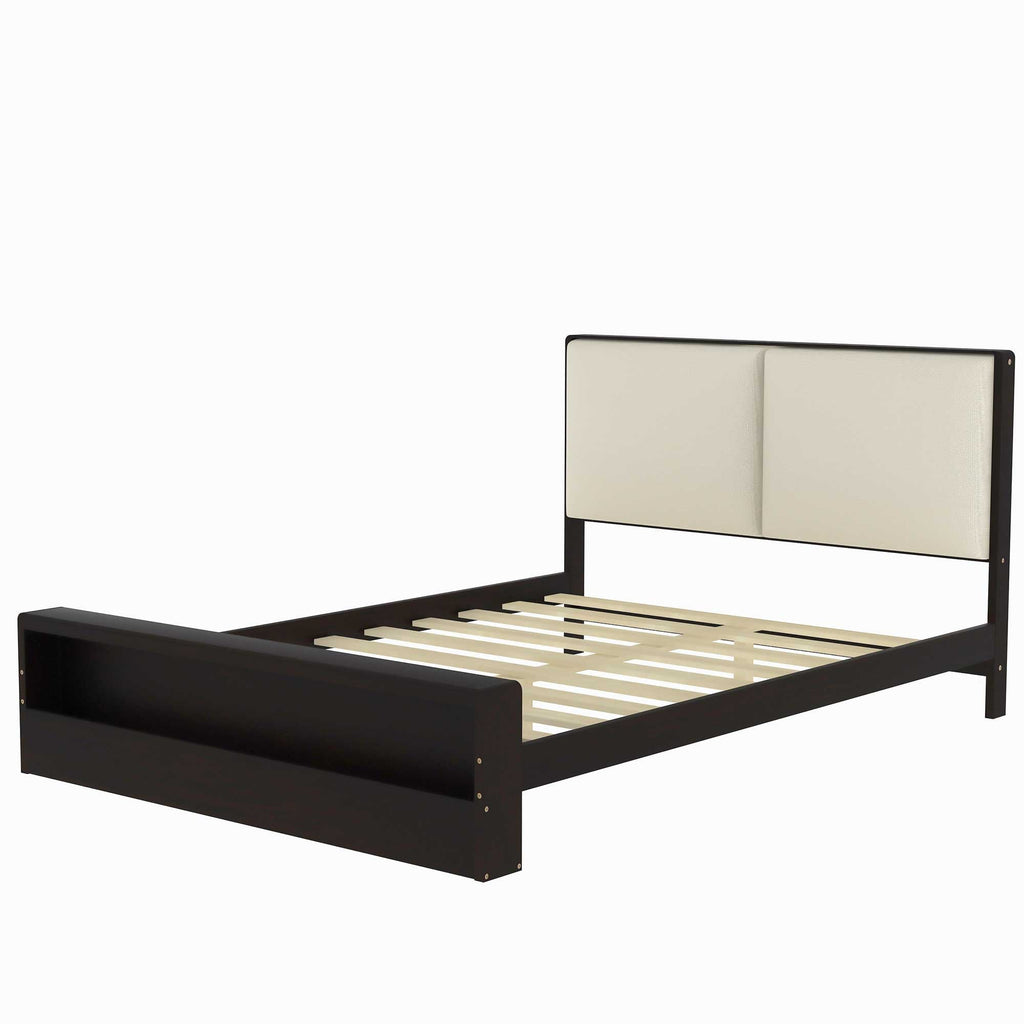 Queen Size Platform Bed Frame with Upholstery Headboard and Bookshelf