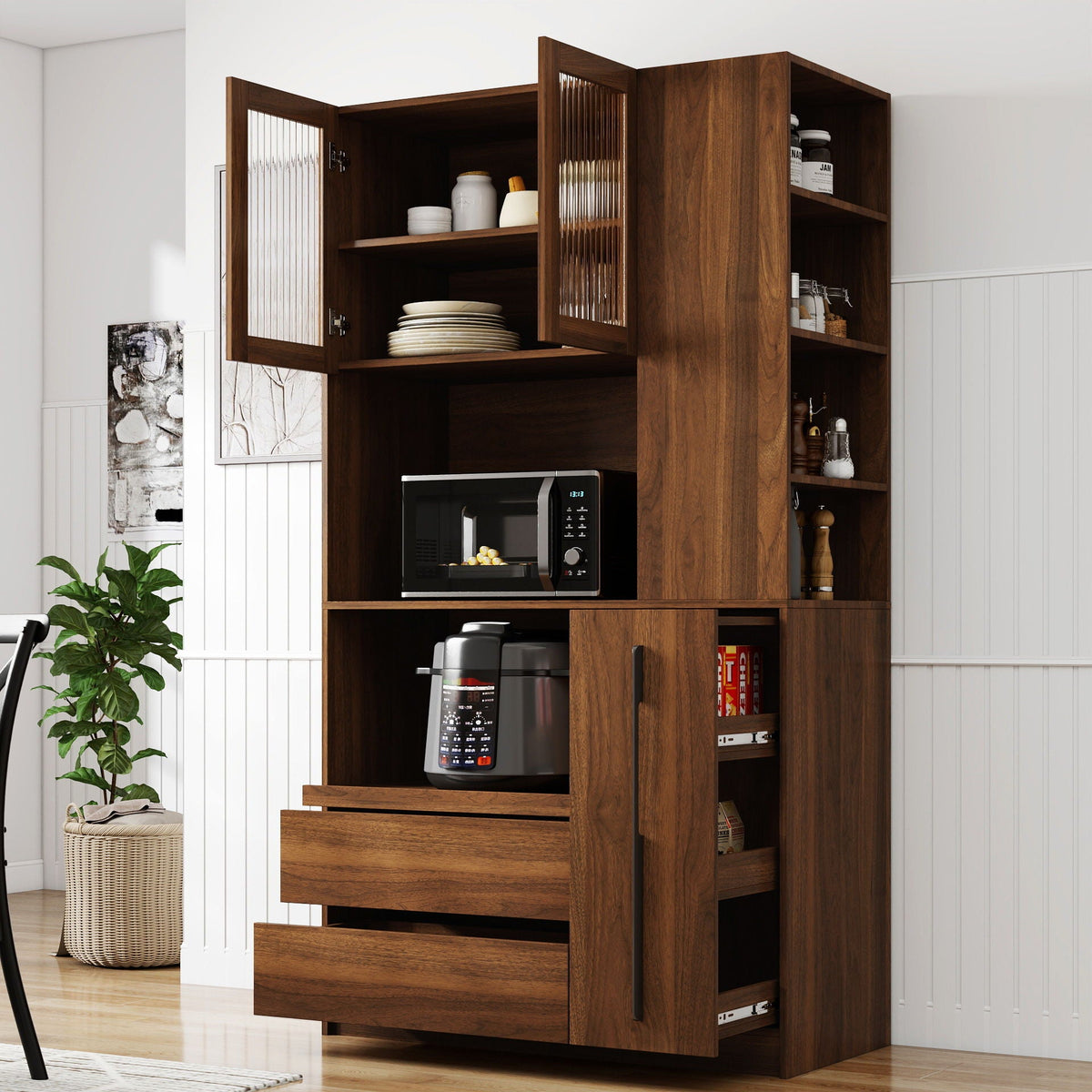 Tall Kitchen Pantry Cabinet With 4 Tier Side Shelf, 2 Drawers
