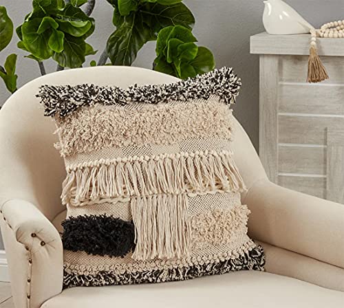 Embroidered Tufted Fringe Cotton Decorative Throw Pillow 20" W X 20" L