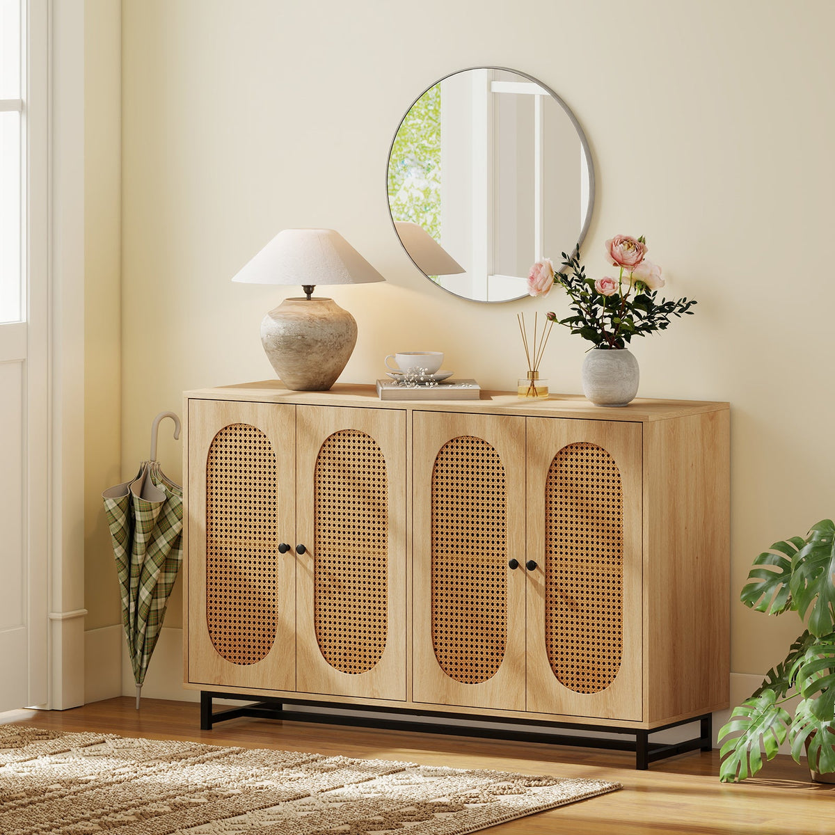 50 Inch Buffet Sideboard Cabinet with 4 Rattan Doors