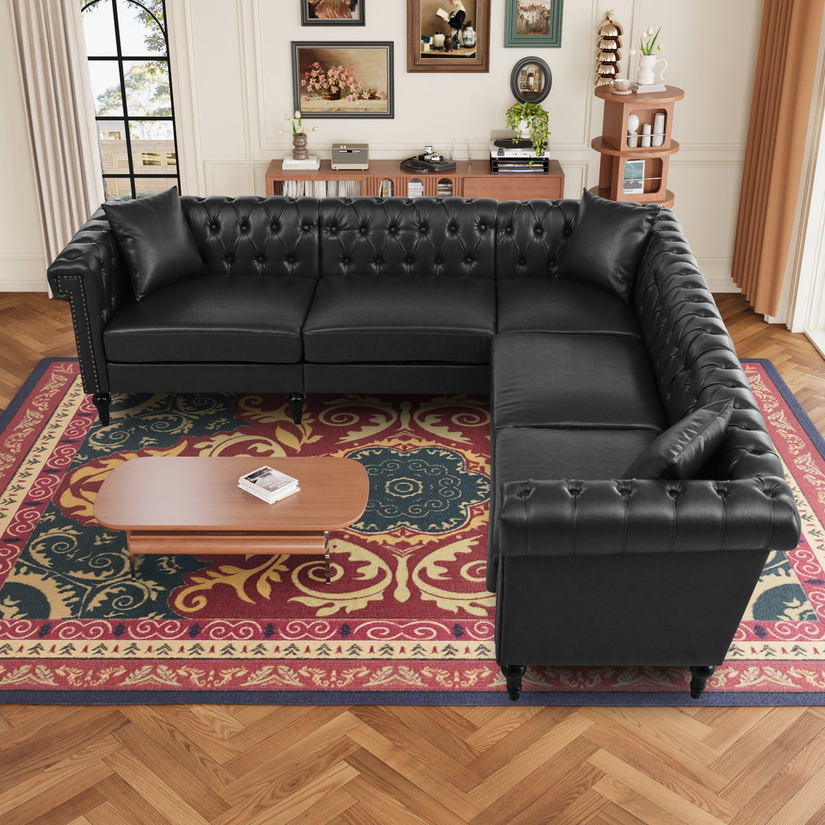L Shaped Reversible Modern Chesterfield Sofa with Rolled Arms and Nailheads