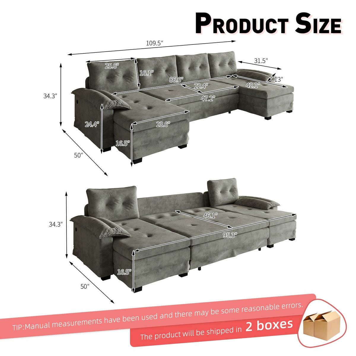 U-Shaped Sleeper Sofa With Pull Out Bed, Removable Armrests & USB Ports