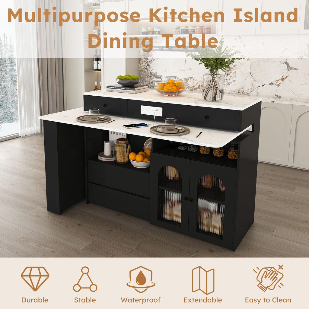 Kitchen Island, Extendable Rotating Table, 4 Drawers & Glass Doors