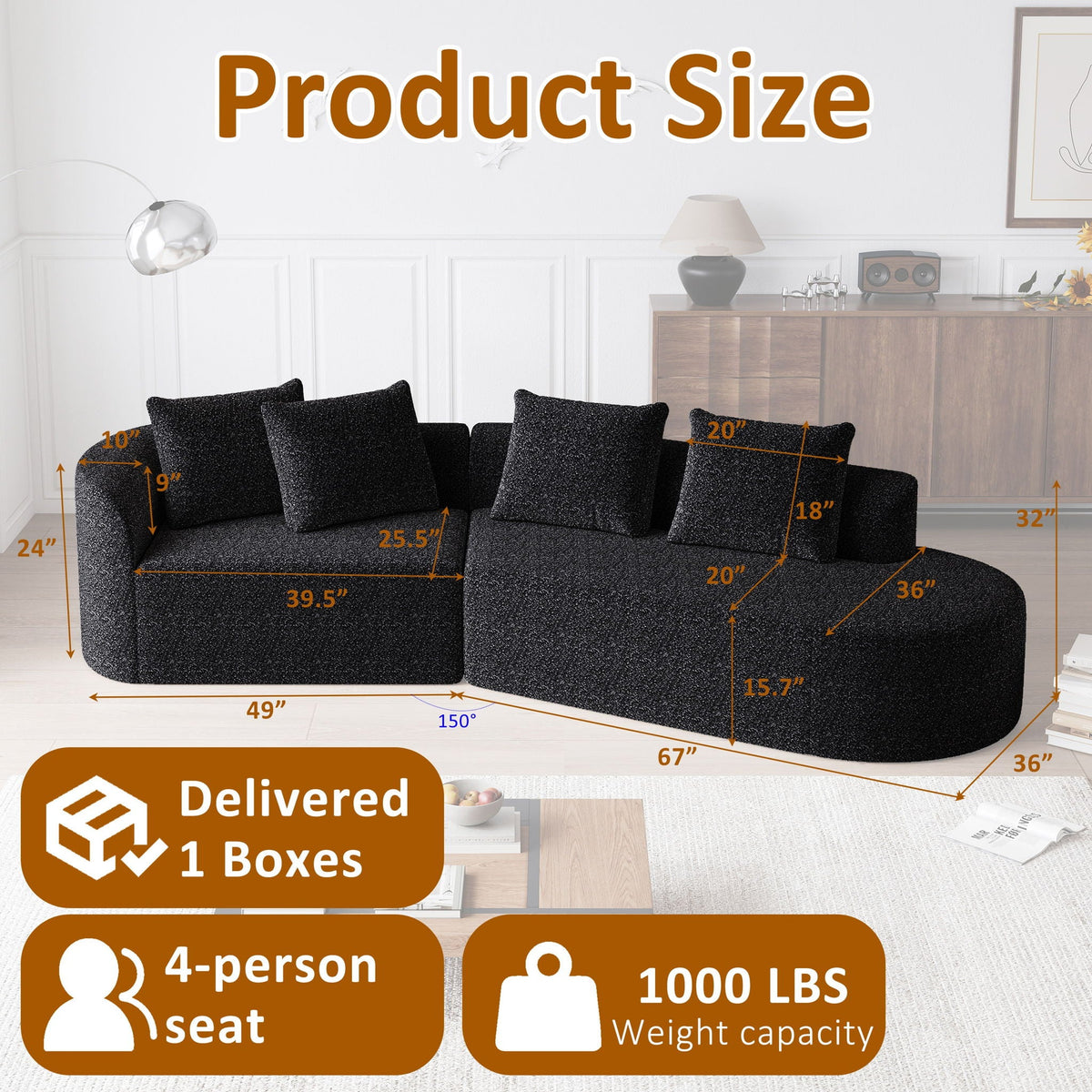 Oversized Sectional Sofa, 4 Seater Extra Deep, Wide Curved Couch With 4 Throw Pillows