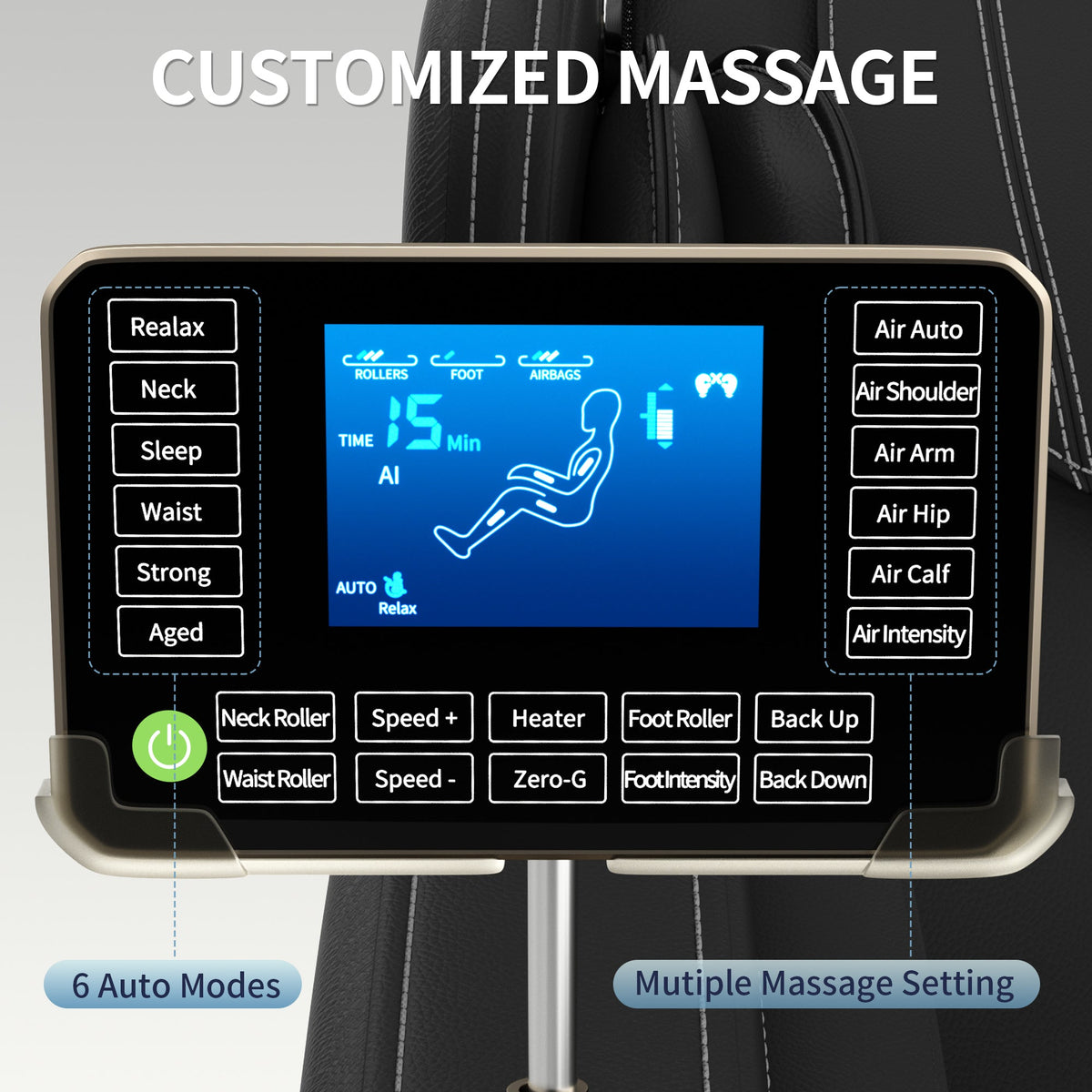 Full body deep tissue massage chair, foot massage, 8 fixed massage rollers, touch screen