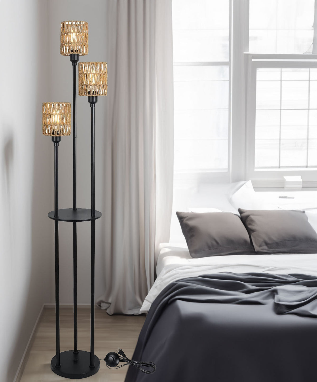 Boho Floor Lamp with Shelves 3-Lights