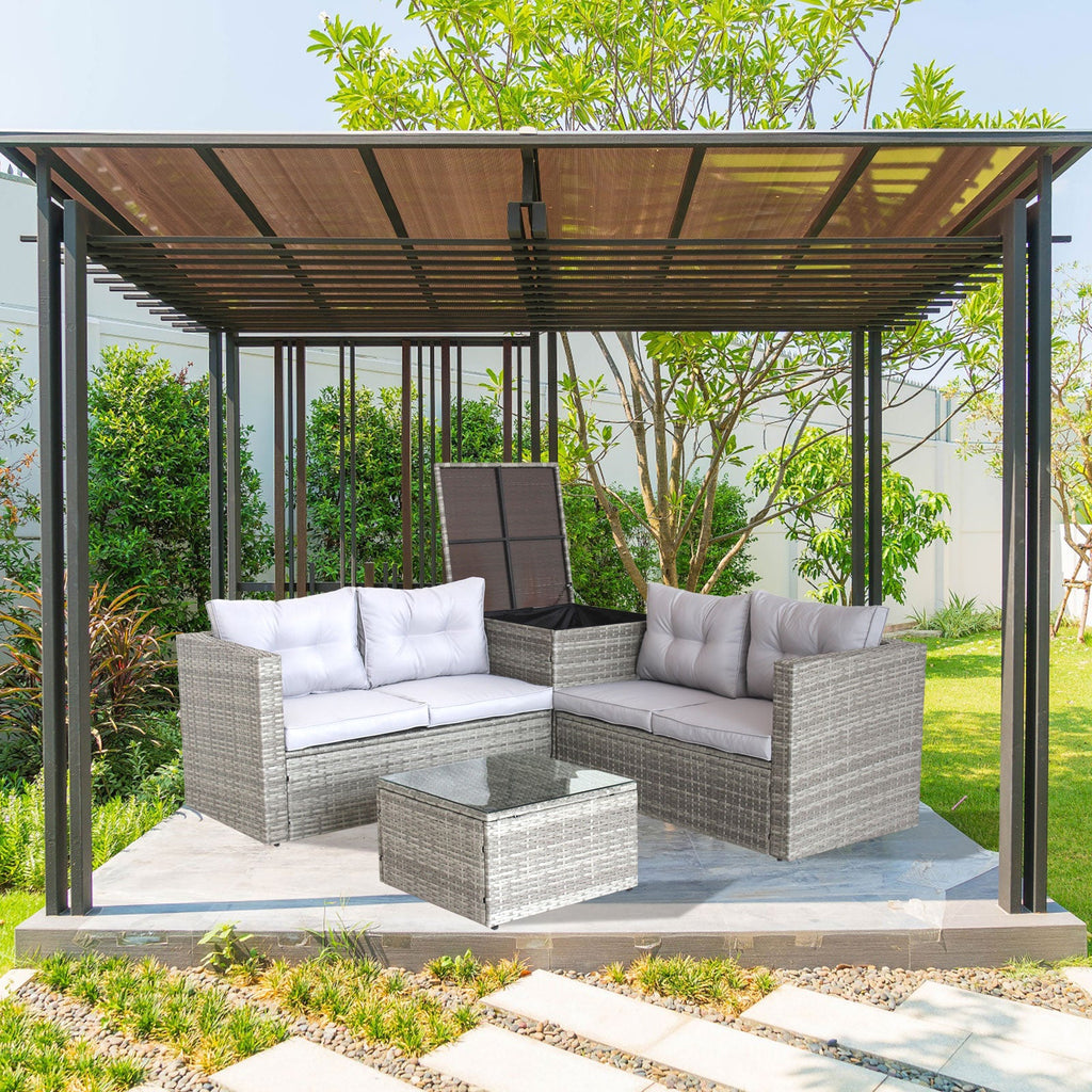 4 Piece Patio Sectional Wicker Rattan Sofa Set with Storage Box Grey