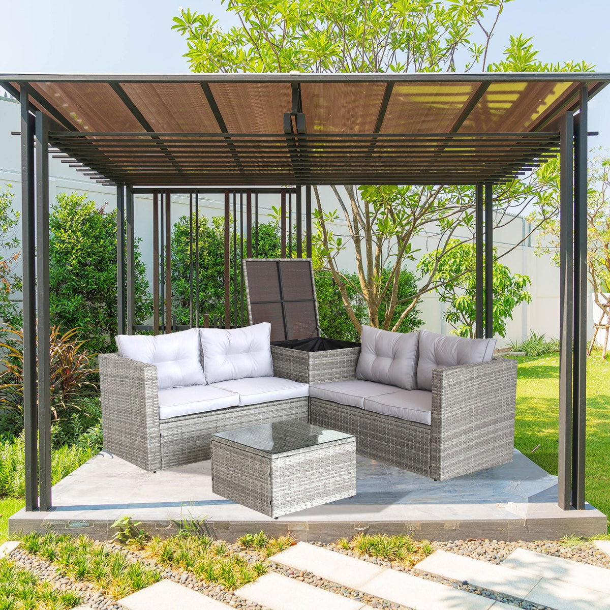 4 Piece Patio Sectional Wicker Rattan Sofa Set with Storage Box Grey