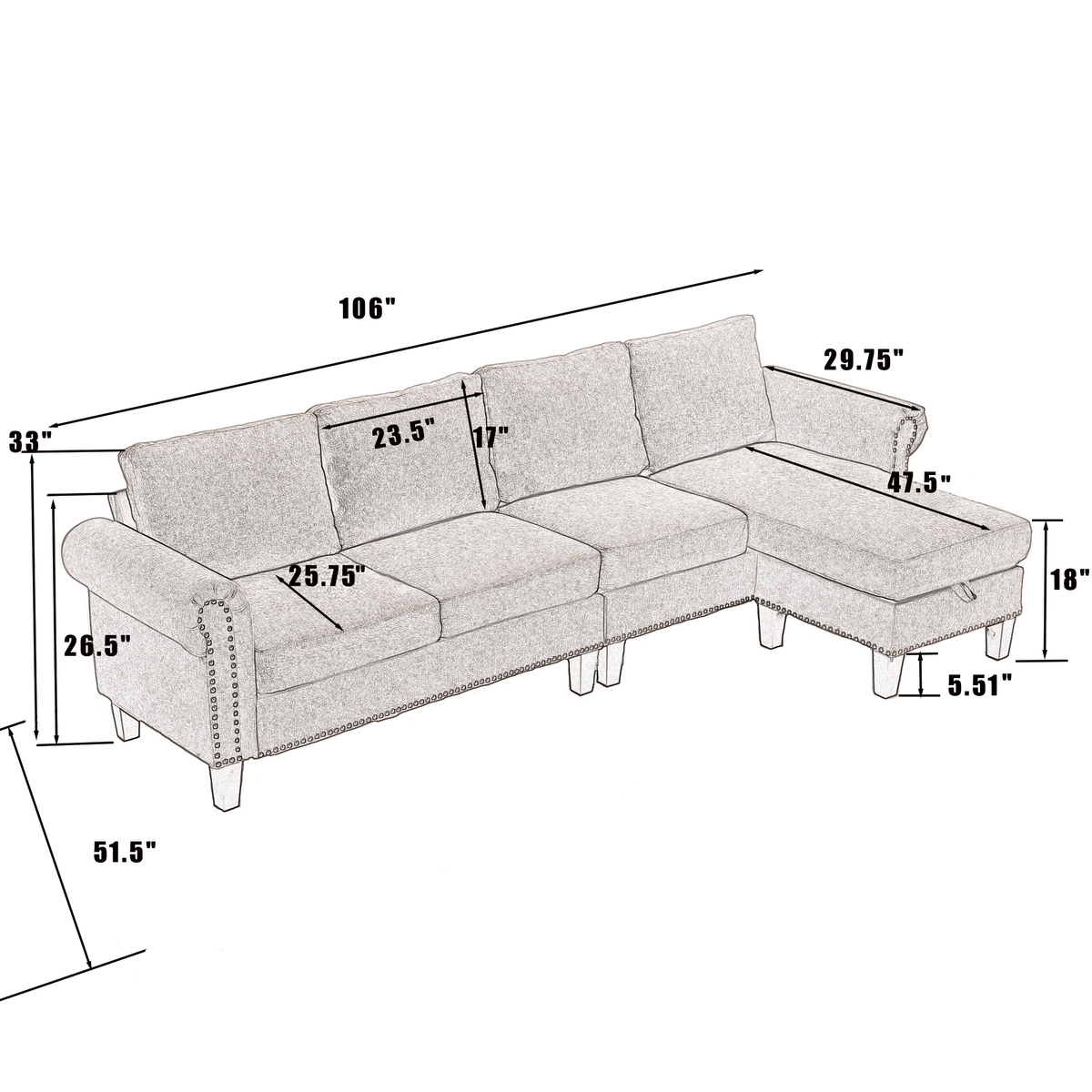 Convertible Sectional Sofa with Storage, L-shaped sofa Modern Linen Fabric