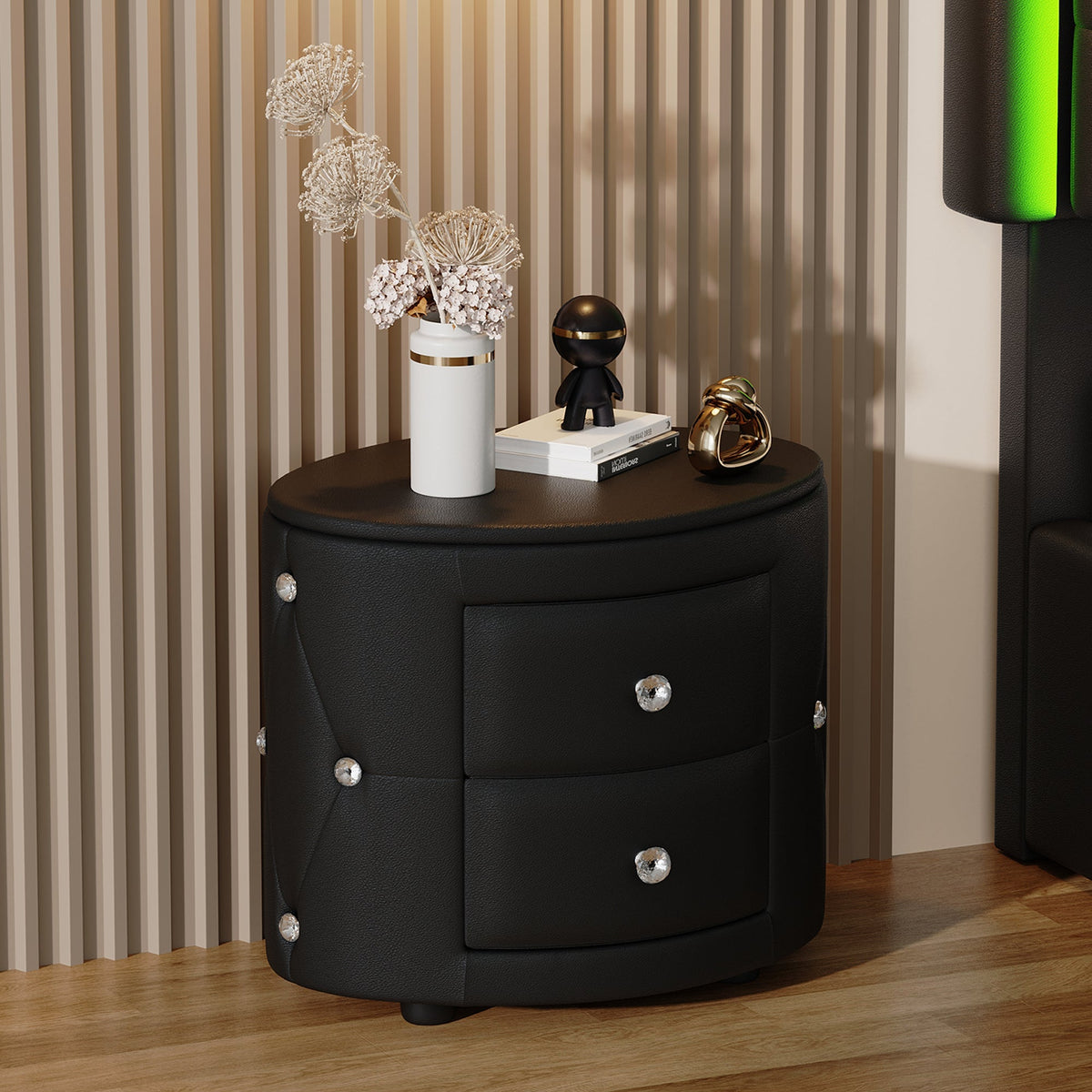 Elegant PU Nightstand with 2 Drawers and Crystal Handle, Easy Assembled