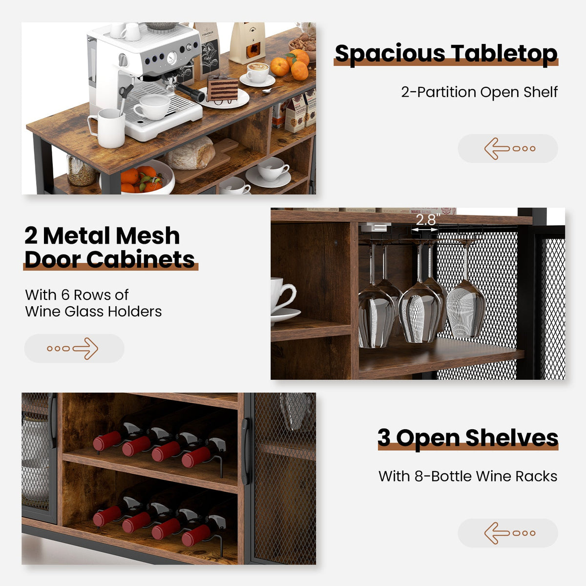 55-Inch Buffet, 8-Bottle Wine Racks and Wine Glass Holders