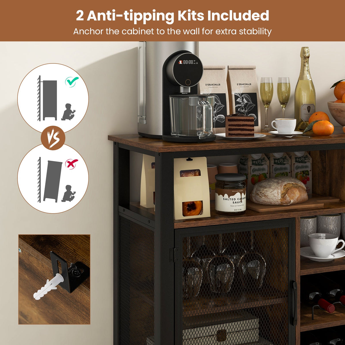 55-Inch Buffet, 8-Bottle Wine Racks and Wine Glass Holders