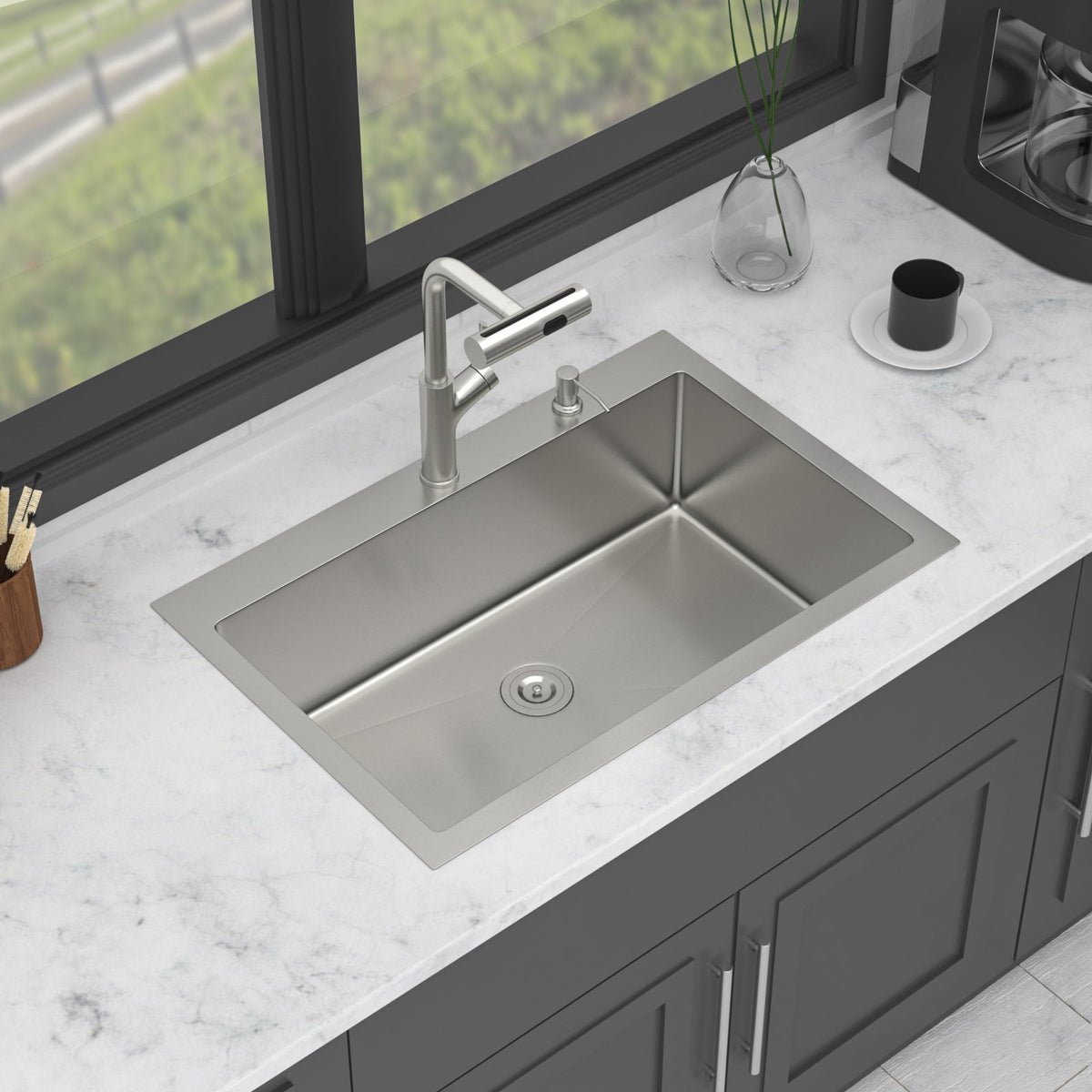 33" Drop-in Kitchen Sink with Pull-out Faucet and Soap Dispenser