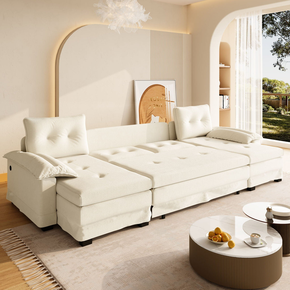 U-Shaped Sleeper Sofa With Pull Out Bed, Removable Armrests & USB Ports