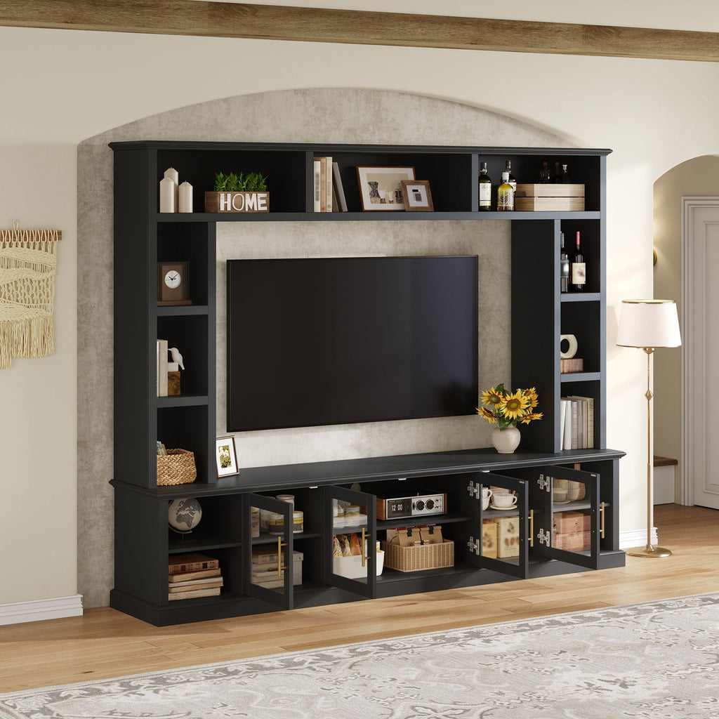 All-In-One Entertainment Center With Bookshelves & Tempered Glass Doors