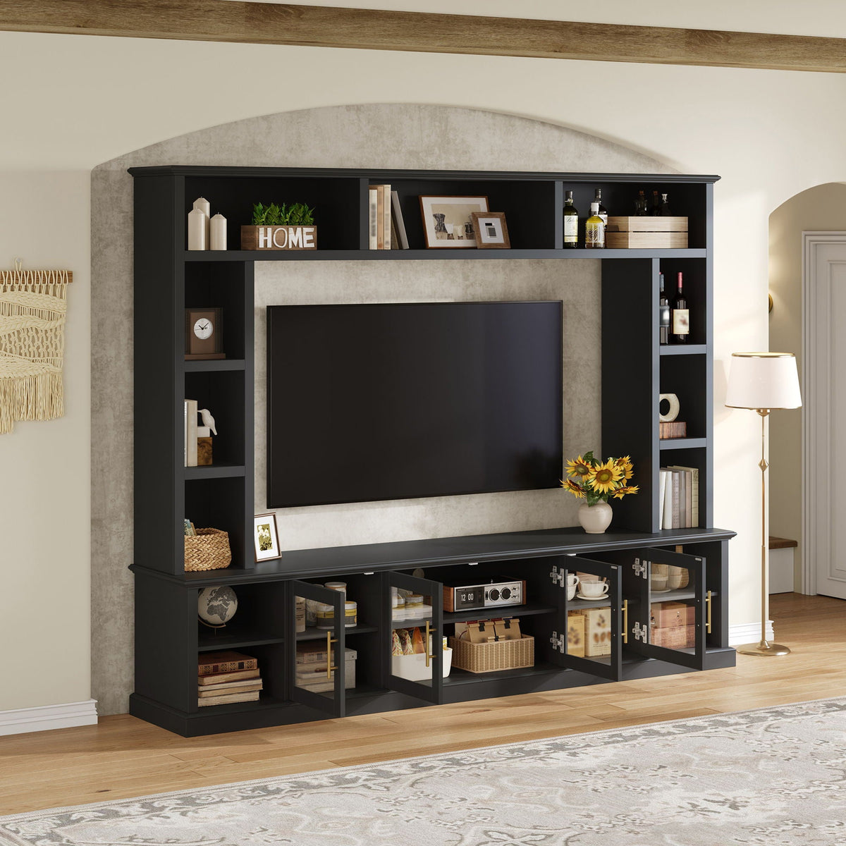 All-In-One Entertainment Center With Bookshelves & Tempered Glass Doors
