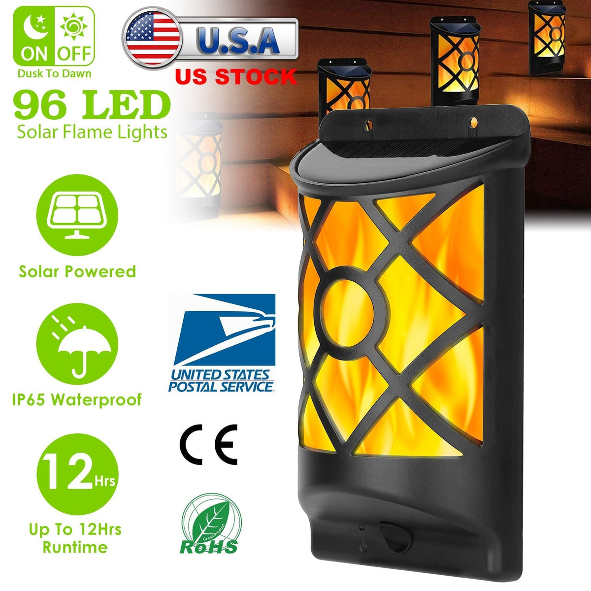 Flame Solar Lights 96 LEDs Waterproof Flickering Flame Wall Mount Lamp Auto On Off