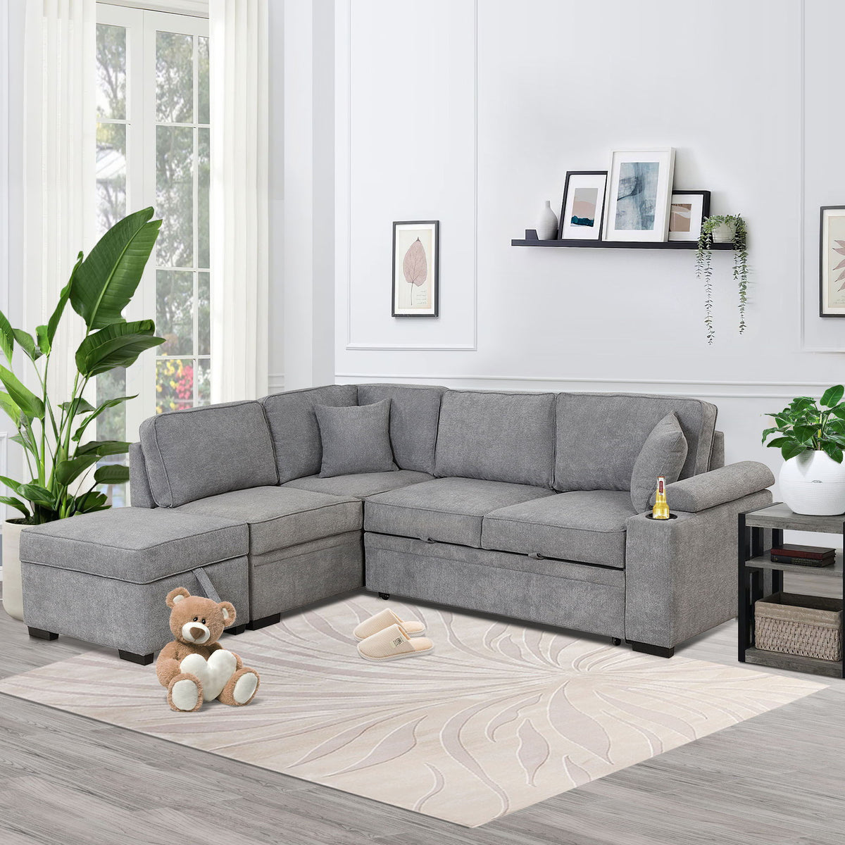 2 In 1 Pull Out Sofa Bed, L Shape Couch With Storage Ottoman