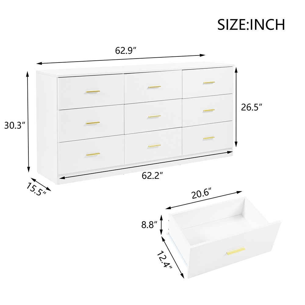 Modern White 9-Drawer Dresser for Bedroom - Ample Storage Wide Chest of Drawers