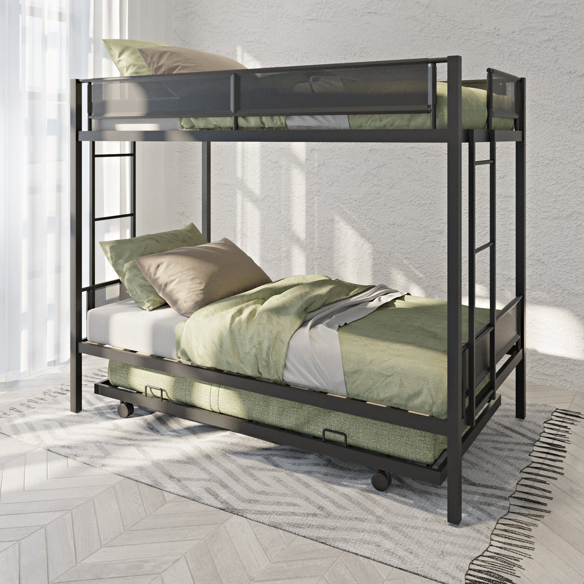 Metal double bed with casters/sturdy frame/no noise/comfortable guardrail/
