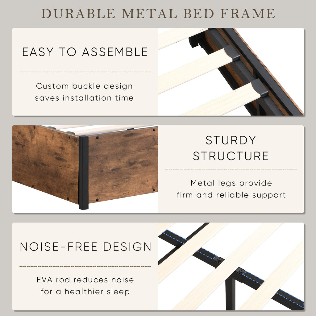 Elevating storage bed frame, full-size bed frame with bookshelf headboard and LED lights