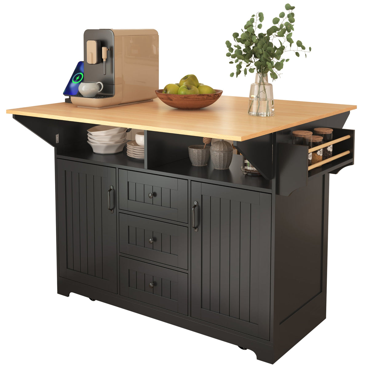 K&K 55.7'' Large Kitchen Island with Drop Leaf