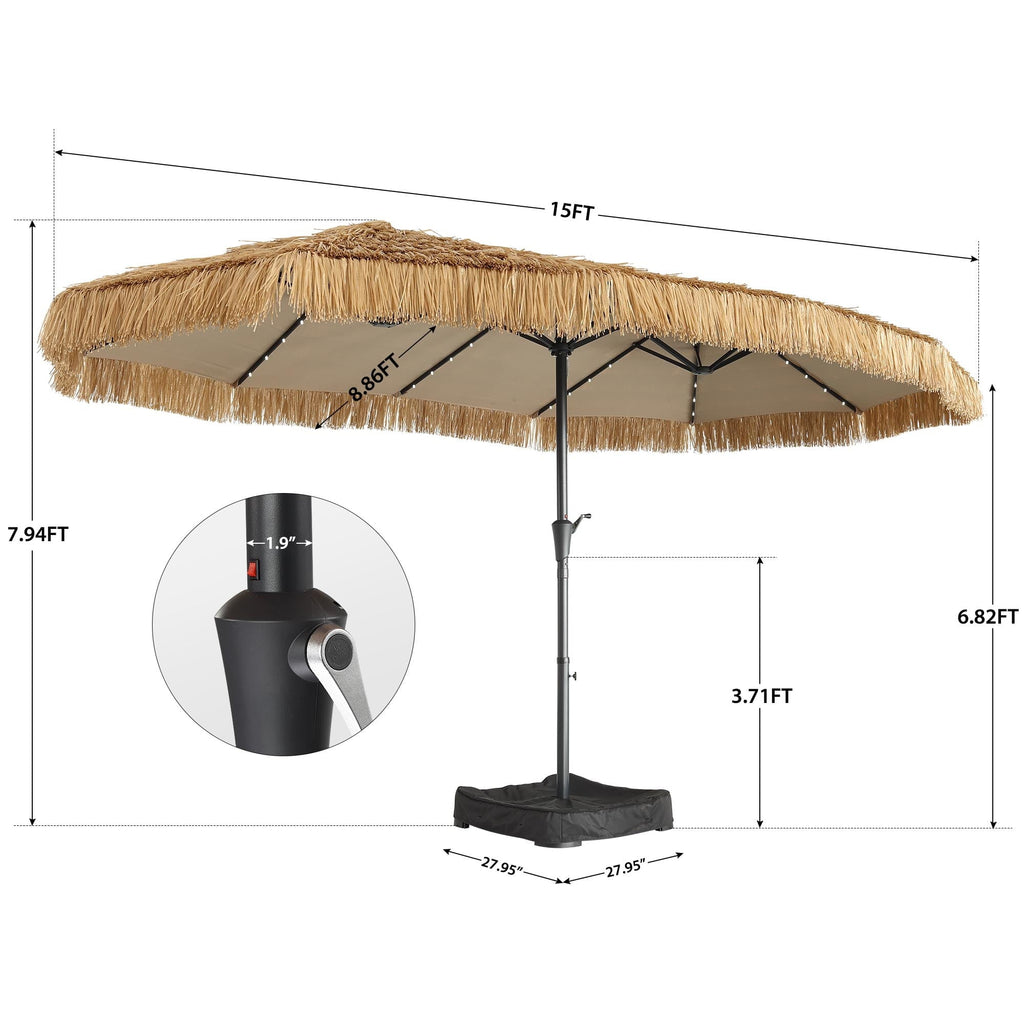 15ft Large Thatched Tiki Patio Umbrella with Lights, Weighted Sandbags