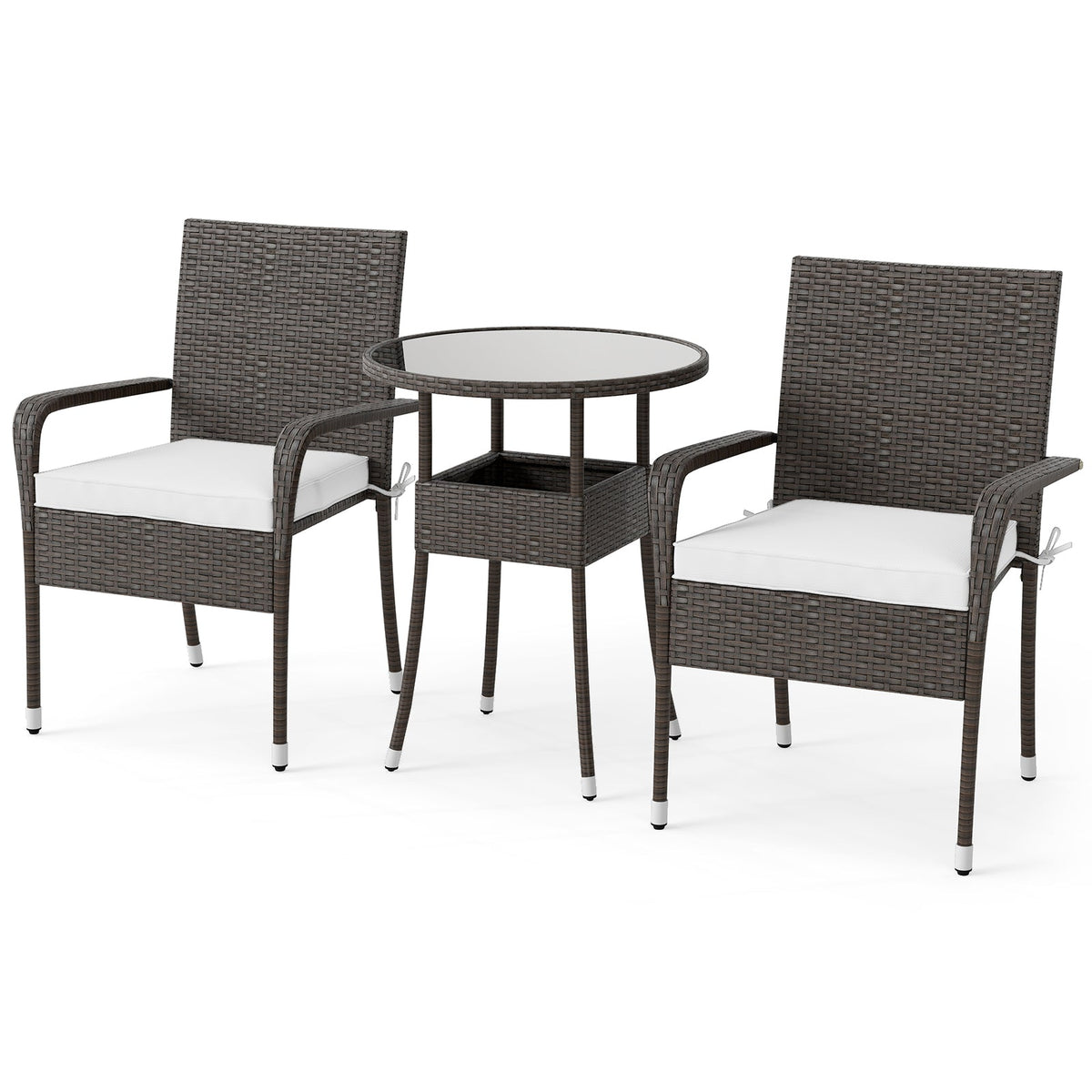 3-Piece Patio Furniture Set Rattan Wicker Chairs with Tempered Glass Top Table-White