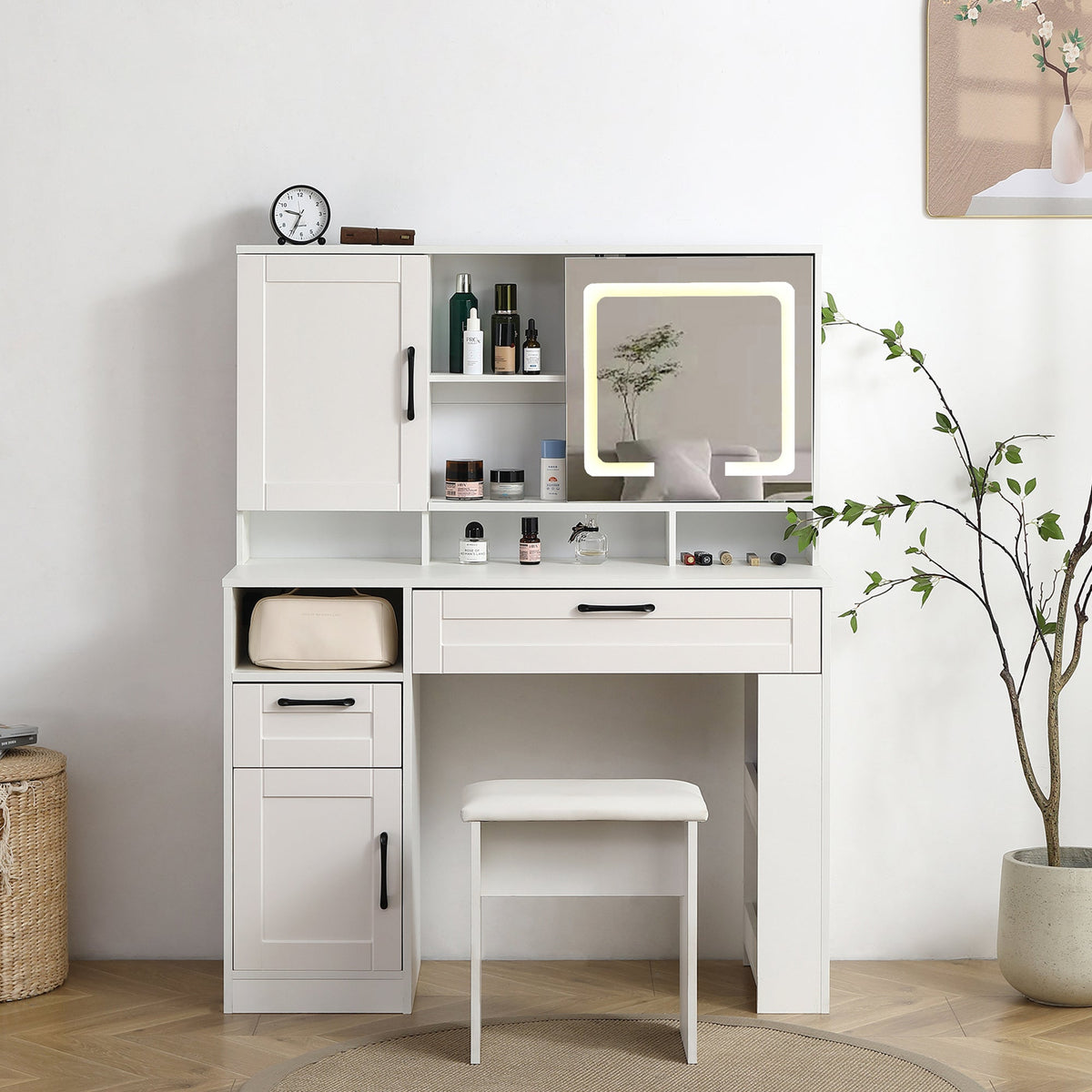 Vanity table with large sliding lighted mirror dressing table with 2 drawers storage shelves