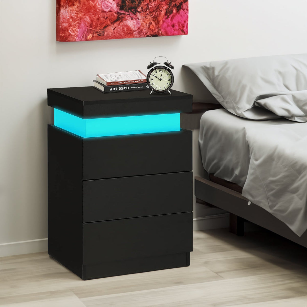 LED Black Nightstand Modern Multi-Colour LED Night Table Bedside Tables for Bedroom